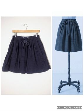 Odille Anthropologie Navy Blue Cotton Ribbon Drawstring Parallels Mini Skirt XS